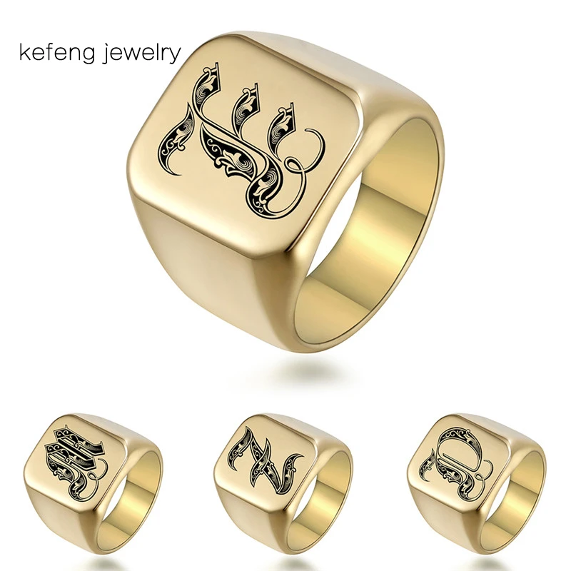 Anillos Punk para hombre, con sello de letra, chapado en oro, 18mm, A acero inoxidable, inicial del alfabeto, de fiesta|Anillos| - AliExpress