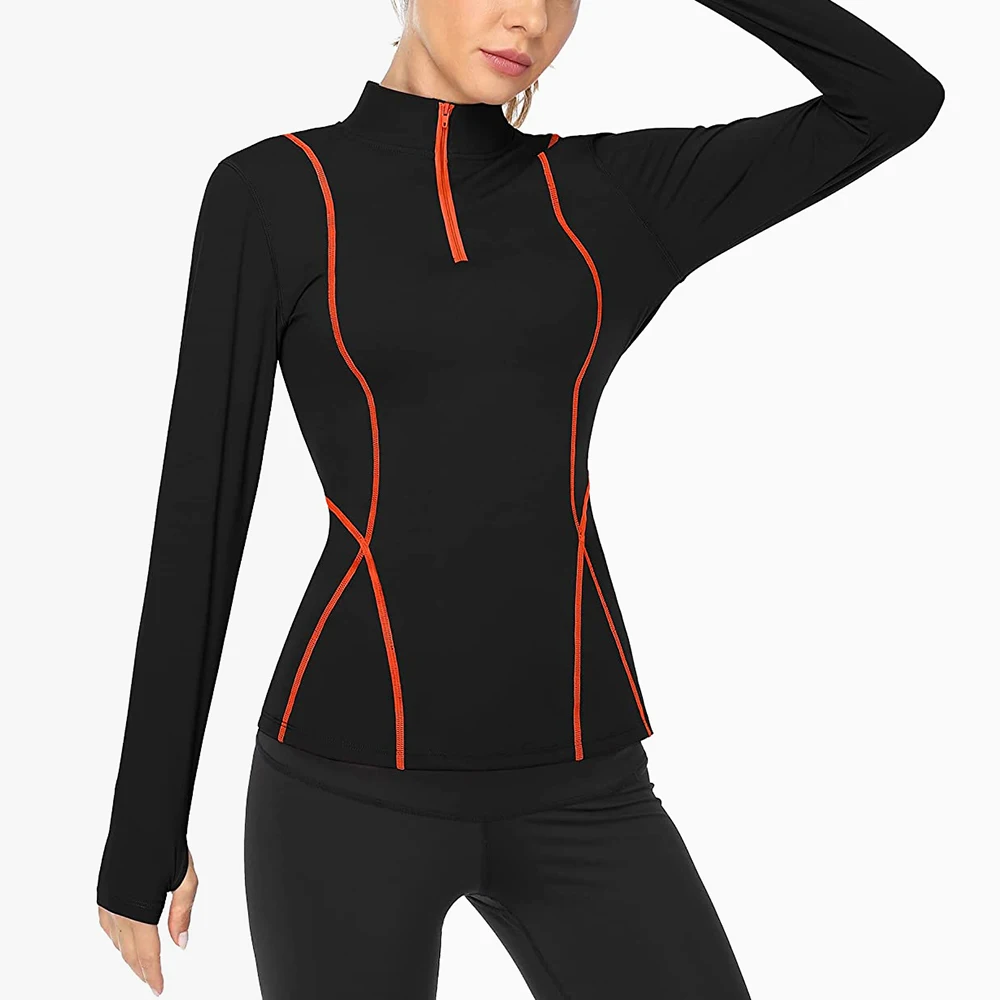 Attraco Women's Long Sleeve Workout Tops Zip Thumb Hole Athletic Running Sweatshirt Rash Guard Pullover