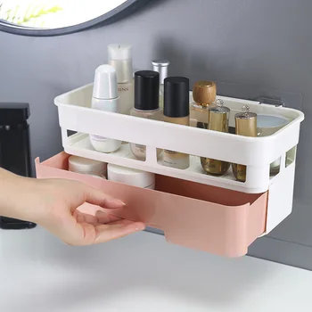 

Practical plastic makeup organizer wall-mounted cosmetic storage with drawer lipstick nail polish holder bathroon table storage
