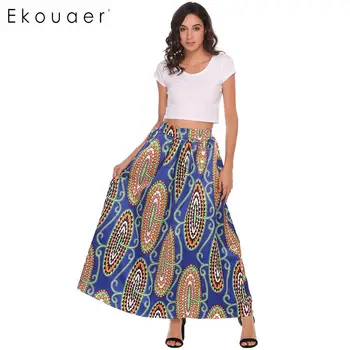 

Ekouaer Women Long Skirts Summer Fashion Pull-On Elastic Waist Pleated Floral Skirt Female Beach Skirts
