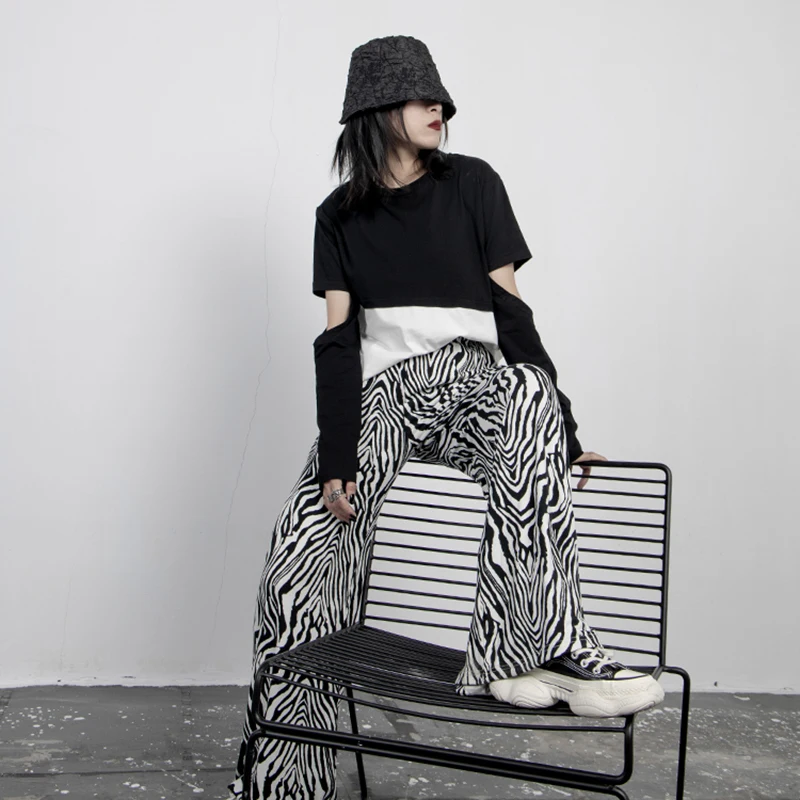 [EAM] High Elastic Waist Zebra Pattern Long Wide Leg Trousers New Loose Fit Pants Women Fashion Tide Spring Autumn 2020 1Z932