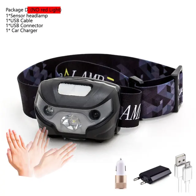 Powerfull Headlamp USB Rechargeable LED Headlight Body Motion Sensor Head Flashlight Built in lithium battery Torch Light Lamp C