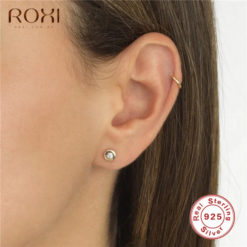 ROXI 925 пробы серебряные круглые Кристальные серьги-гвоздики для женщин ювелирные изделия минималистичные маленькие серьги корейские трендовые серьги для вечеринок