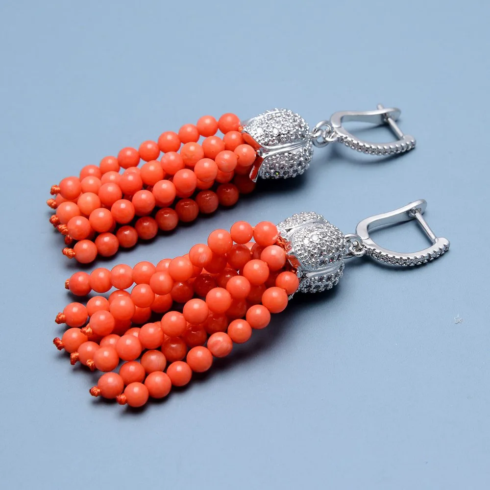 Natural Orange Smooth Round Coral Beads Silver Color CZ Pave Lever Back Dangle Earrings Cute For Women