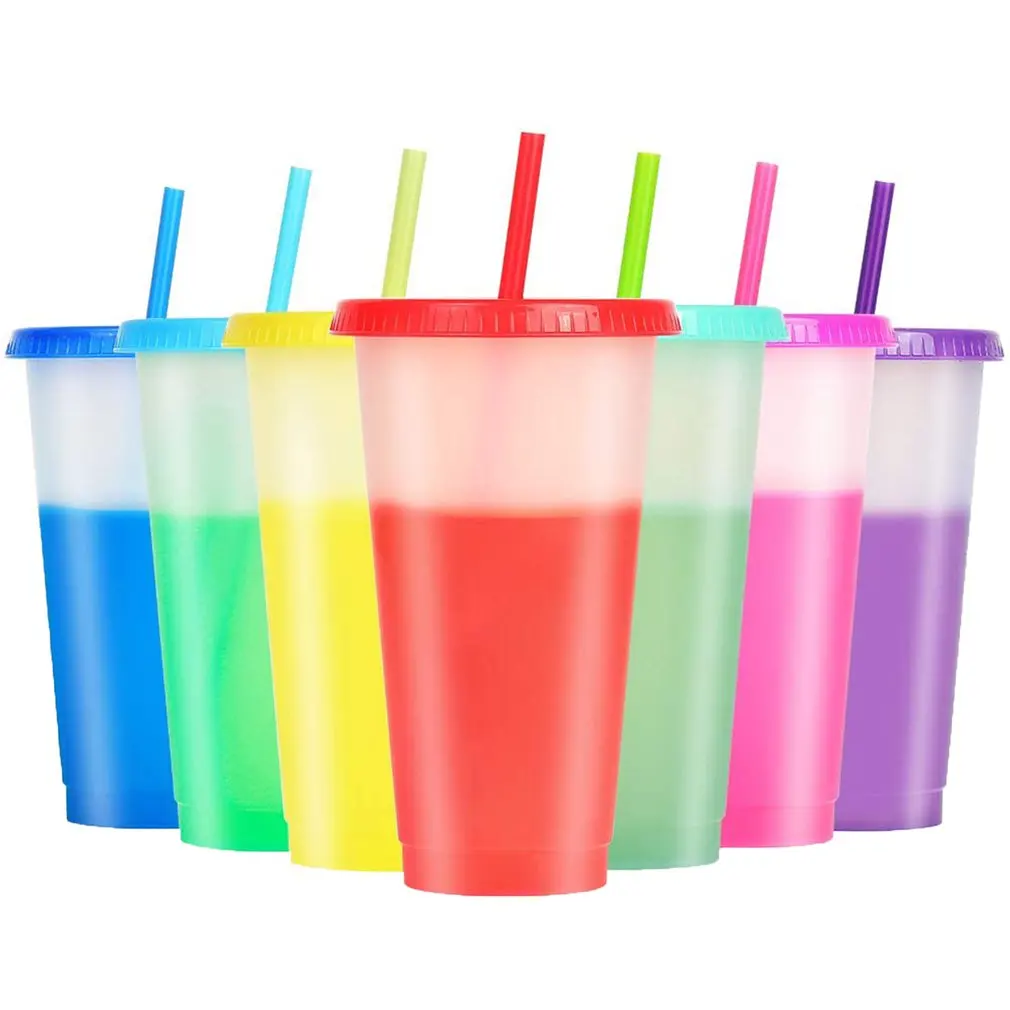 7 Pieces Portable Color Changing Cups With Lid Straws Plastic Bulk