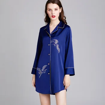 

Navy Blue Satin Nightgown Women Embroidery Nightdress Suspender Skirt Sleepwear Silky Intimate Lingerie Kimono Gown Homewear