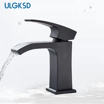 

ULGKSD Modern Matte Black Bathroom Basin Faucet Sink Faucet Brass Waterfall Spout Hot Cold Mixer Tap Deck Mounted