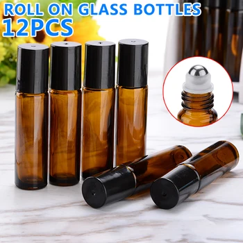 

12pcs 10ml Amber Roll on Glass Bottles Empty Thick Vials for Essential Oil Perfumes Refillable Bottles Container