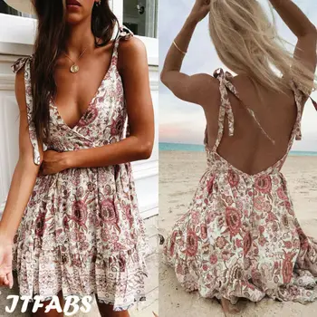 

Hirigin Summer Women Strappy Boho Print V Neck Beach Dress Sleeveless Party Vacation Casual Short Vestidos A Line Mini Dresses