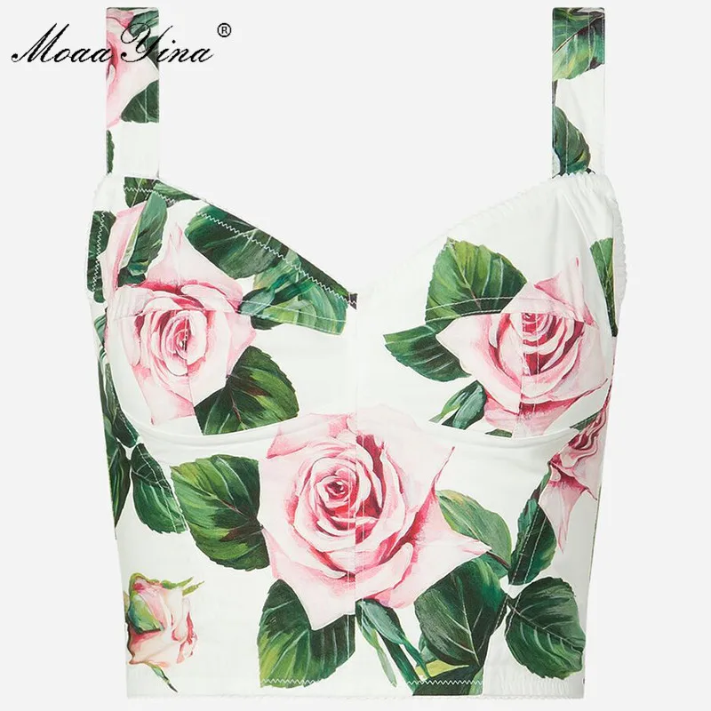 

MoaaYina Fashion Designer Summer Women's Tops Floral-Print Cotton Small sling