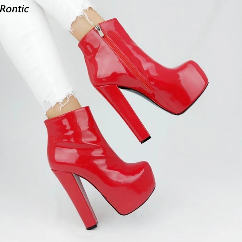 

Rontic Handmade Women Winter Platform Ankle Boots Patent Chunky Heels Round Toe Pretty Pink Red Night Club Shoes US Size 5-20