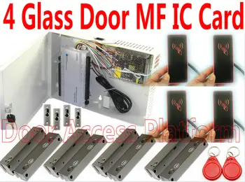 

4 Glass Door Frameless Lock MF-IC Card Double-Way RFID IC MF Card Control Web Access control PCB +4 Exit button IP Network kit