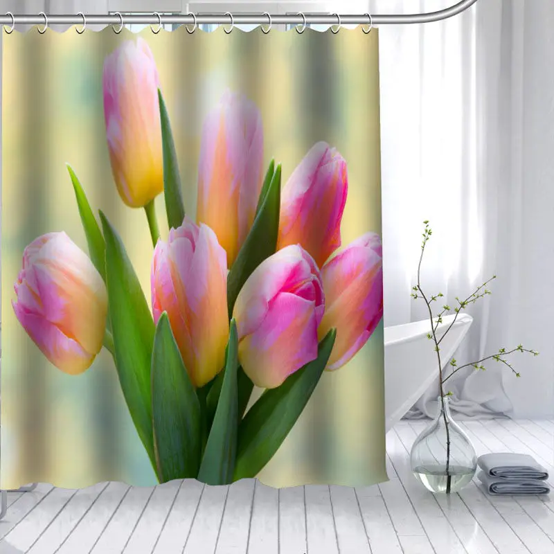 New Arrival Tulips Flower Shower Curtain Polyester Fabric High Defintion Print Bathroom Curtain Waterproof 12 Hook Bath Curtain - Color: 21