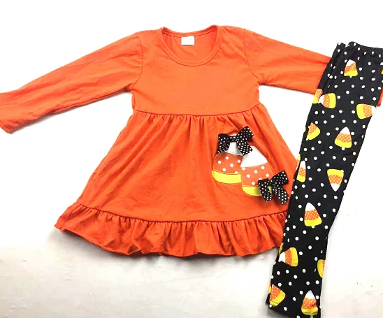 Candy Corn set Восхитительная осенняя одежда с длинными рукавами для девочек; осенняя одежда с цветочным принтом; модные брюки-колокольчики; комплект - Цвет: Candy Corn set