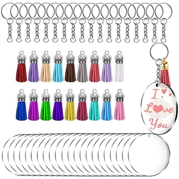 

HOT Acrylic KeyChain Making Kit,Acrylic Transparent Circle Discs and Keychain Rings Colorful Tassel Pendants for DIY Craft