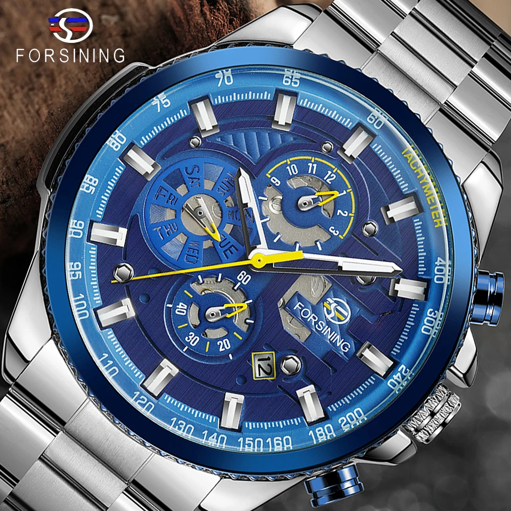 

Forsining Blue Ocean Design Silver Steel 3 Dial Calendar Display Mens Automatic Mechanical Sport Wrist Watches Top Brand Luxury