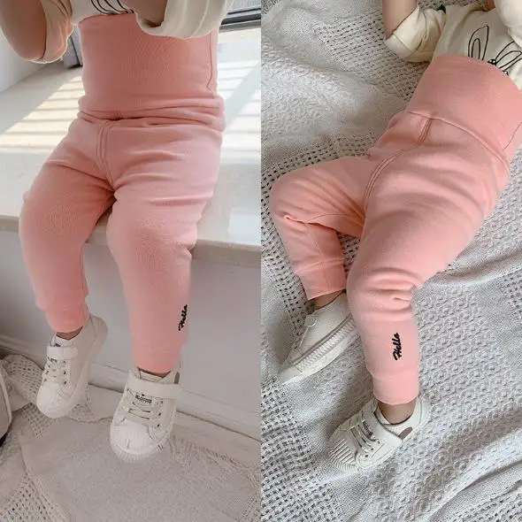 New Winter High waist Big PP Baby Full Length Pants with fur Cotton Toddler Leggings Pants Newborn Casual Trousers Loose Pants - Color: Pink