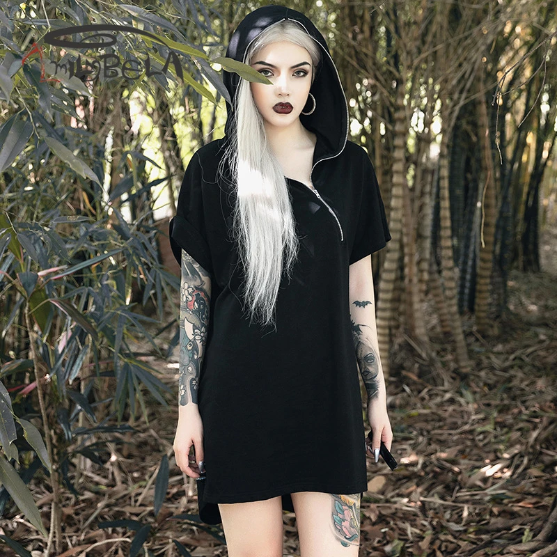 

ImilyBela Gothic Hoodies Women Casual Short Sleeve Zipper Loose Hooded Long Pullovers Black 2019 Summer Street Wear Bluza Damska