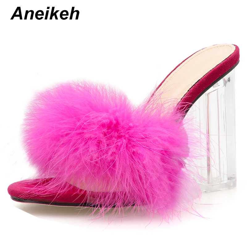 Aneikeh; сезон лето; коллекция года; сандалии с мехом; женские слинбэки; босоножки; прозрачные вечерние туфли на высоком каблуке; модные туфли-лодочки - Color: rose red