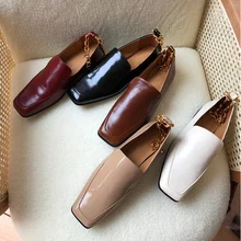 

Jenny&Dave New Slip-On Loafers Women Ins Fashion Blogger Retro Cowhide Oil Skin Gold Chain Square Toe Shoes Woman Flat Shoes