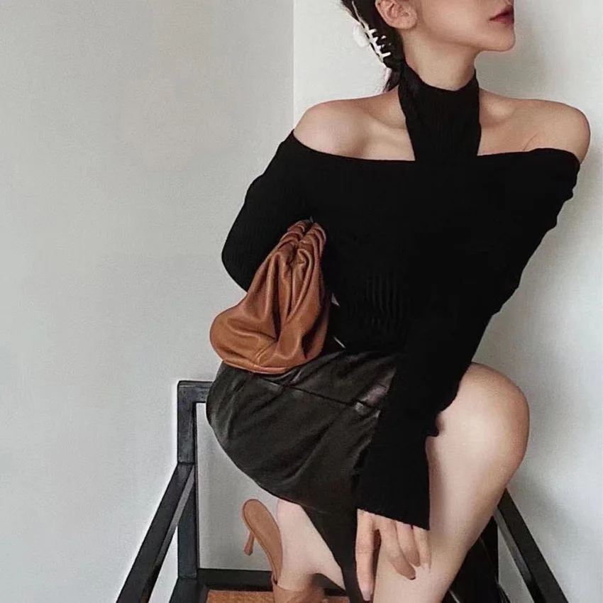 Трикотажная одежда с открытыми плечами высокой талией и длинными