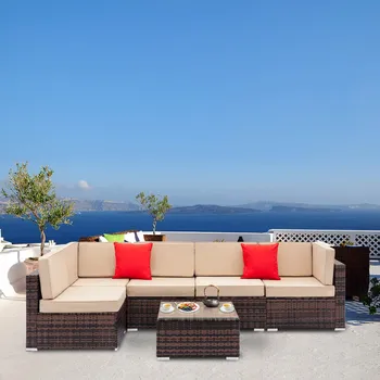 

Fully Equipped Weaving Rattan Sofa Set with 2pcs Corner Sofas 4pcs Single Sofas 1pcs Coffee Table Brown Gradient/ Black Embossed