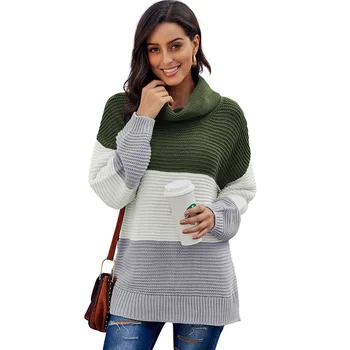 

Womens hot sale autumn winter sweater stitching color high collar long sleeve pullover large size loose lady sweater