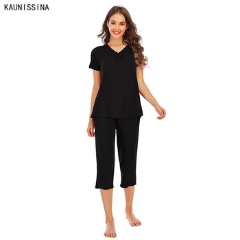 

Women Pajamas Set V-Neck Short Sleeve Tops Calf Length Pants Pajama Spring Summer Ladies Sleepwear Home Wear Clothes
