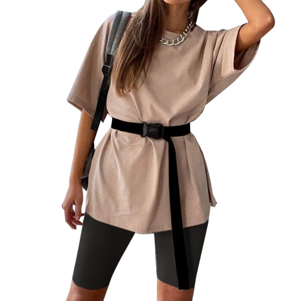 Summer 2020 Women Set O Neck Loose Short Sleeve Top Shirt And Biker Shorts Casual Two Piece Sets White Outfit Suit with belt