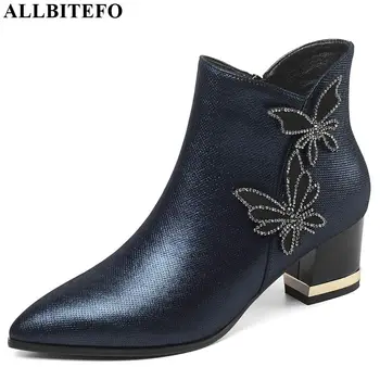 

ALLBITEFO fashion girls boots Butterfly Decoration genuine leather women boots Autumn Winter concise pointed toe ankle boots