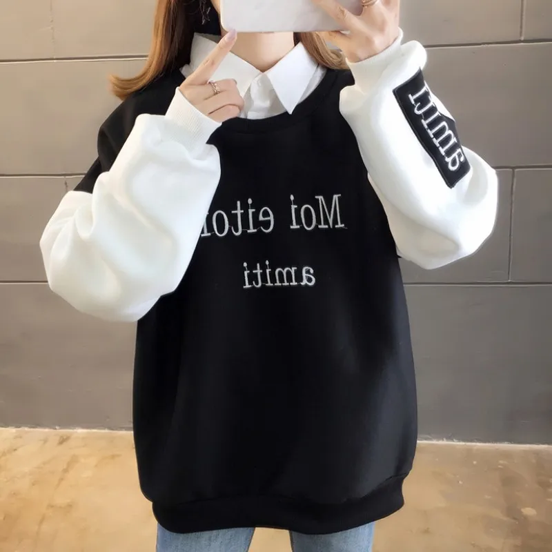 

Fake Two Pieces Pullover Letter Embroidery Women's Sweatshirt Plus Velvet Oversized Sweatshirt Woman Harajuku Women Sweatshirt