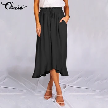 

Celmia 2020 Fashion Women Skirts Summer Asymmetrical Ruffle Loose Casual Skirt Elegant Office Party Elastic Waist Long Skirt 5XL