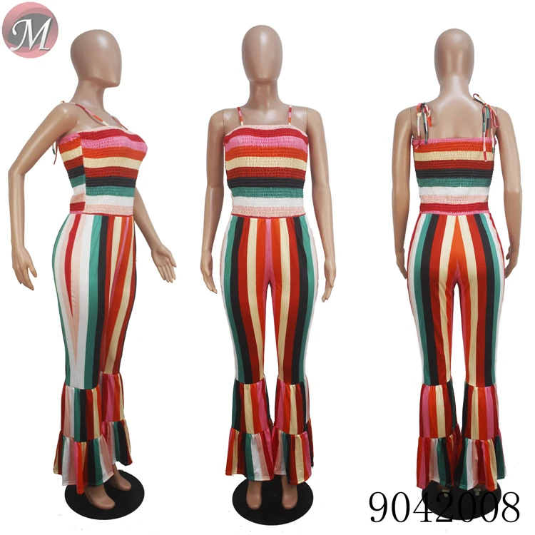 9042008 Sexy suspender smocking stitch flared women long jumpsuit
