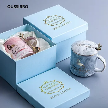 

OUSSIRRO Flamingo Pattern Natural Marble Porcelain Coffee Mug Mr and Mrs Tea Milk Cup Creative Wedding Anniversary Gift