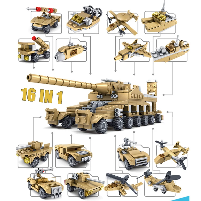  544pcs 16 in 1 Military Weapons Super Tanks Building Blocks Assemblage Educational Bricks Toys For 