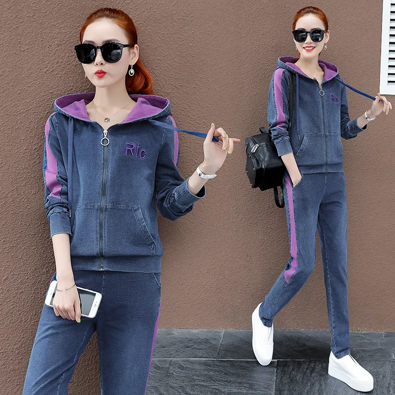 

Autumn Denim Pink Two Piece Set Women Tracksuit Hoodies Patchwork Jeans Jacket Coat Pants Suit Female Casual 2pcs Outfits Fall
