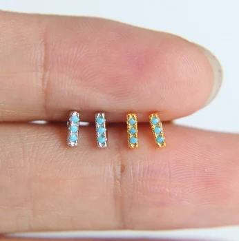 

2020 Hot girl real 925 sterling silver turquoises stud tiny earring cute jewelry bar earring blue three cz gold silver color