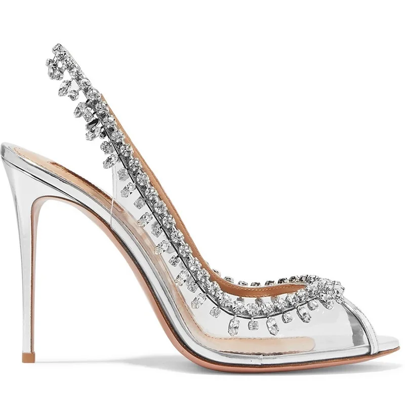 

Temperament of silver thin transparent film diamond chain with empty after the fish mouth high-heeled sandals