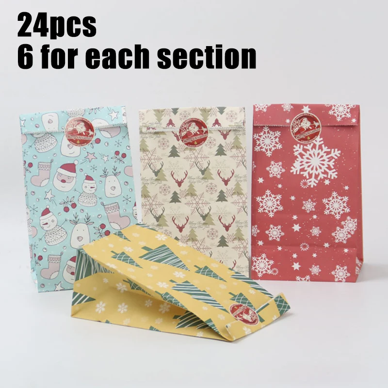

24*Kraft Paper Bags+1*Sticker Square Base Oil-Proof Packing Bags For Christmas Food Cookie Birthday Party Favor Gift Box