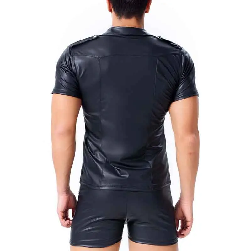 Men's Shirts PU Leather Short Sleeve Slim Fit Tshirts Male Dance Stage Clubwear T-shirt Men Gothic Streetwear Tops Tee Plus Size (2)