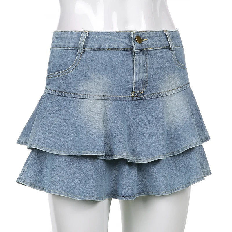Women's Ruffle Denim Mini Skirt Aesthetic Low Waist Jeans Skirt Pleated  A-line Short Bodycon Pencil Jean Skirts