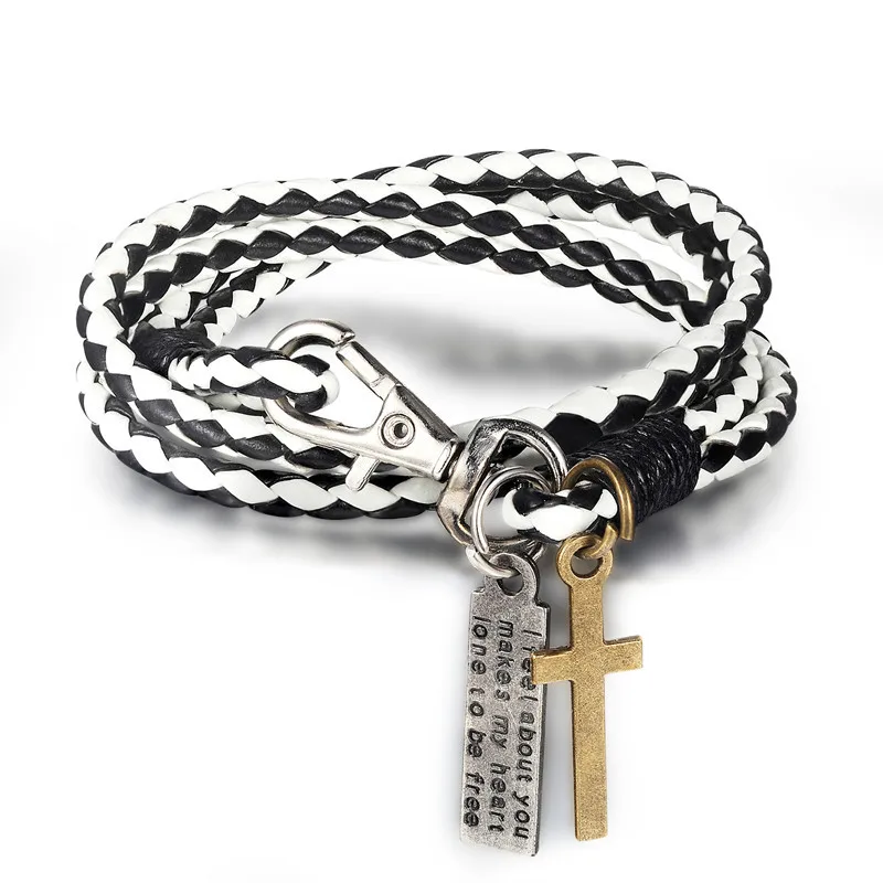 Мужской кожаный плетеный браслет в стиле ретро, черный, 3 круга, крест, очаровательный браслет, рок, мужской браслет, модный мужской браслет, ювелирное изделие - Окраска металла: Black White