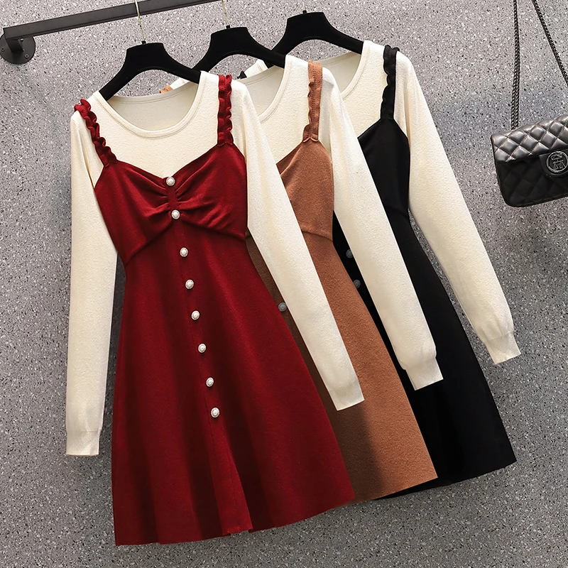 

EHQAXIN New Autumn Winter Womens Knitted Dresses Contrast Color Stitching Sling Sweater Button A-Line Dress L-4XL