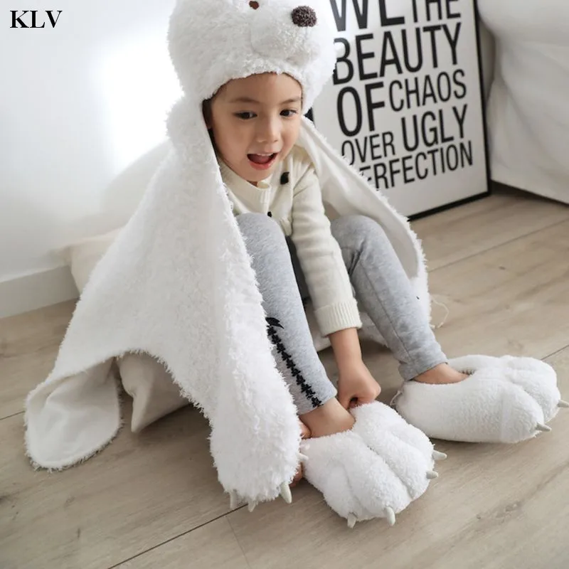 Toddler Child Kids Winter Stuffed Fuzzy Home Slippers Cute Cartoon Polar Bear Paw Shape Plush Toy Cosplay Animal Floor Shoes |