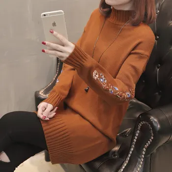 

Turtleneck Women Sweater Embroidery Long Sleeve Autumn Pullover Sweters Women Invierno 2019 Knitted Sweater Plus Size Black Tops