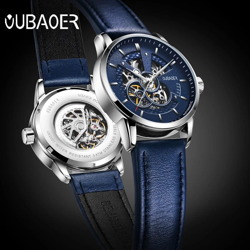 Relógio de Couro Moda Azul Masculino Esqueleto Mecânico Relógios Marca Superior Luxo Automático Relógio Caixa 2020