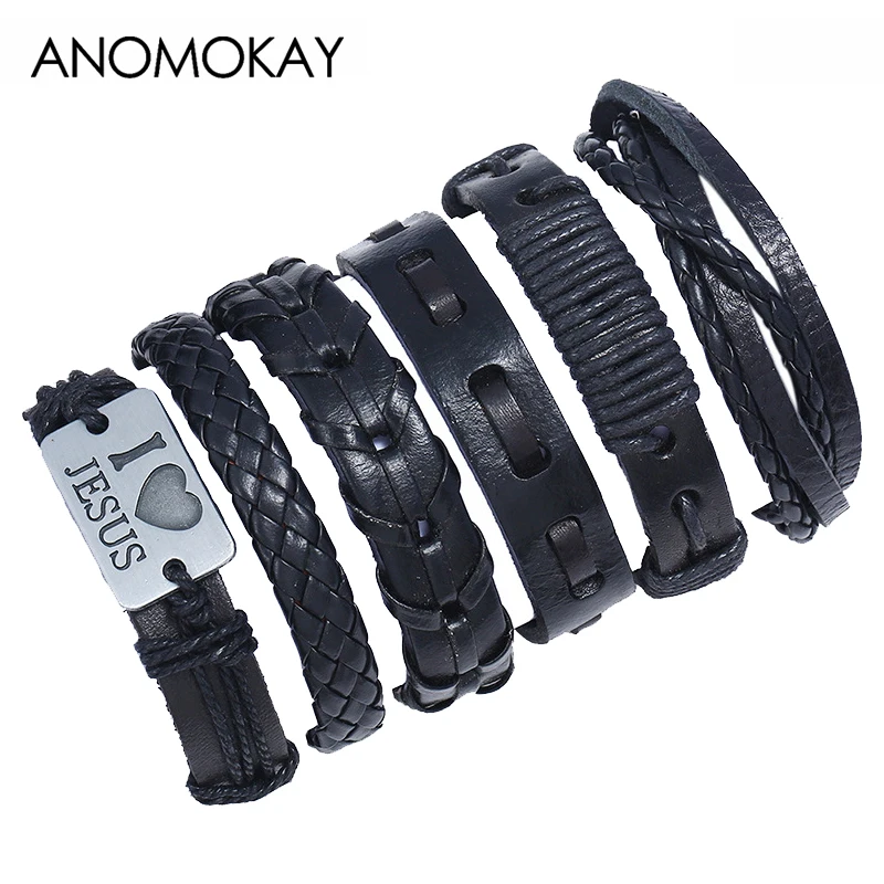 ANOMOKAY 6PCS/SET New Arrival Heart Metal Vintage Jewelry Gift Multilayer Cow Leather Wrap Bracelet Bangle Set Pulsera De Hombre | Украшения