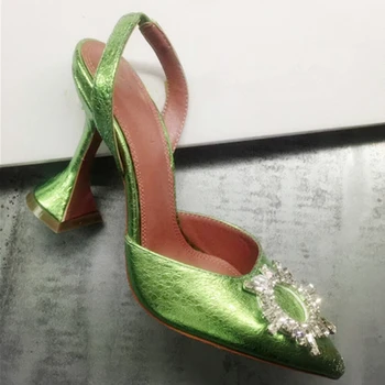 

Fashion Design Crystal Sun Buckle Genuine Leather Pointed Toe Women Sandals Back Strap Clear Heels Ladies Pumps Shoes Woman 2020