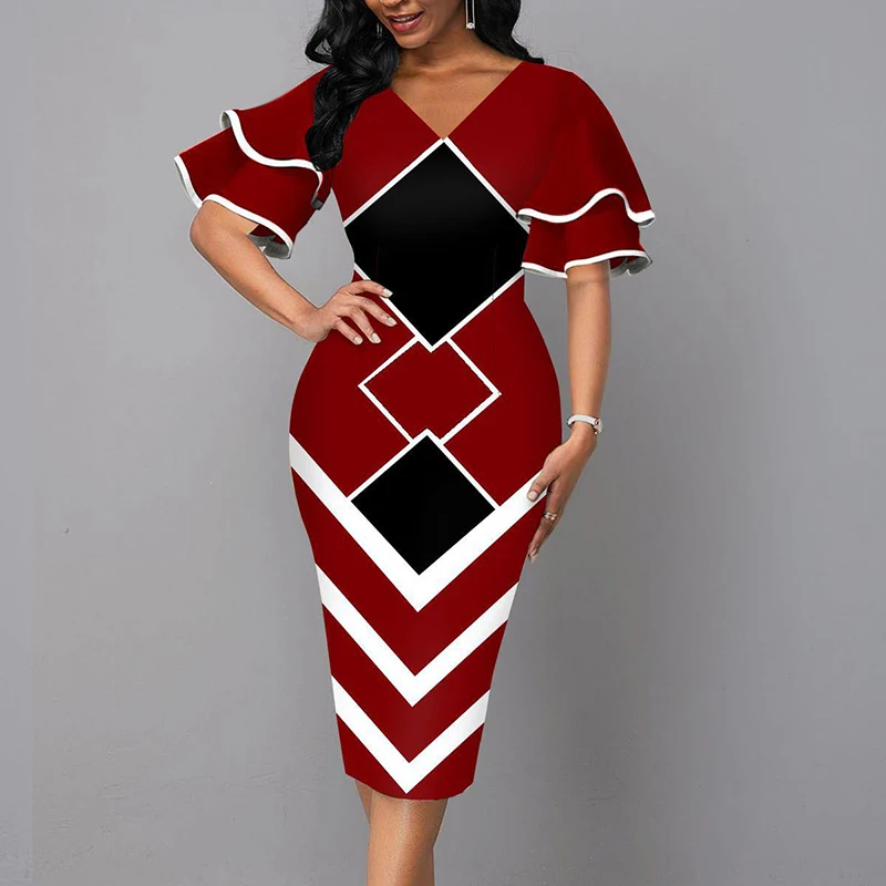 Elegant Women Dress 2021 Summer Fashion V Neck Short Sleeve Sexy Slim Dress Vintage Patchwork Casual Lady Party Dresses Vestido 4