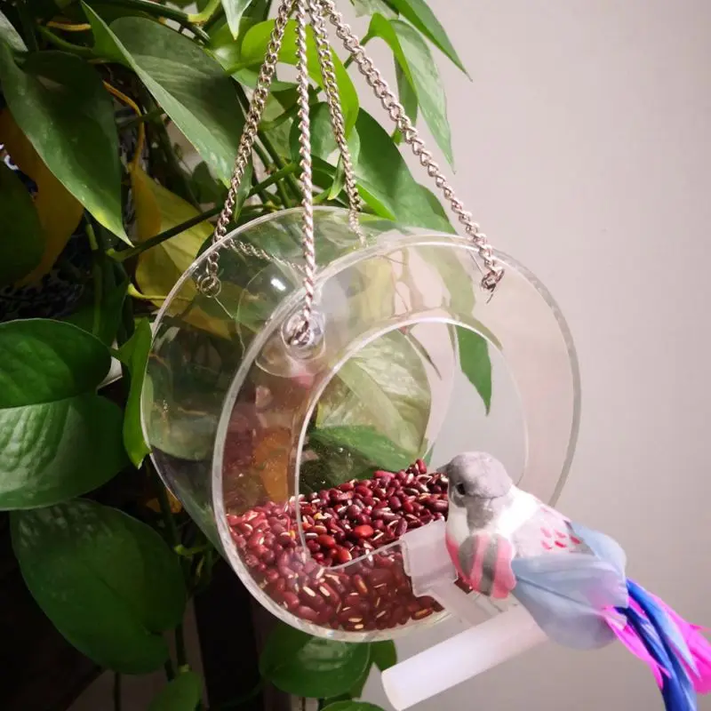 Pet Parrot Portable Round Bird Feeder Transparent Acrylic Hanging Adsorption 85WC